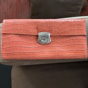 Leather clutch with silver buckle magnetic clasp